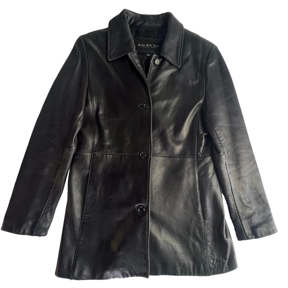 Marc New York Women L Black Genuine Leather Jacket Coat | Pockets, Lined 90s Lux - Picture 2 of 15